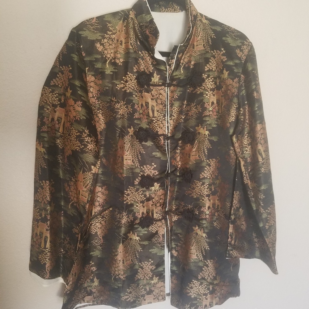 SOLD****Vintage Oriental Black Shiny Jacket Top L - Picture 8 of 8